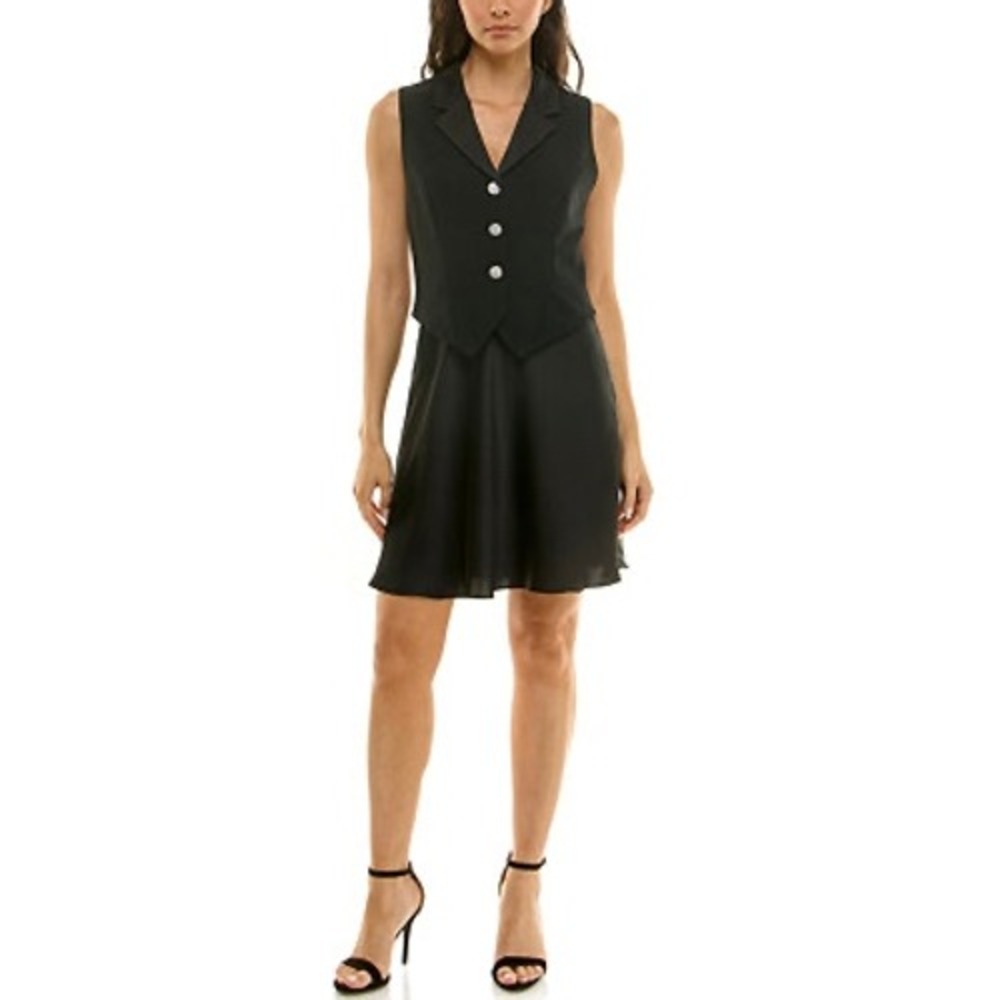 Taylor Black Tuxedo Vest Satin Skirt Mini Dress Rhinestone Buttons Size 6P